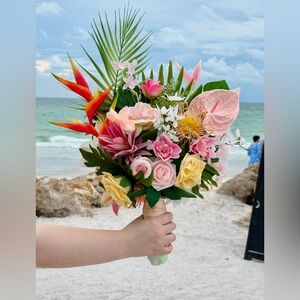 Tropical Floral Bouquet with Pink and Yellow Blooms